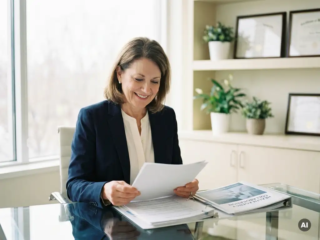 Mid-senior woman in professional attire reviewing clinical documents at a glass desk in a sunlit office.