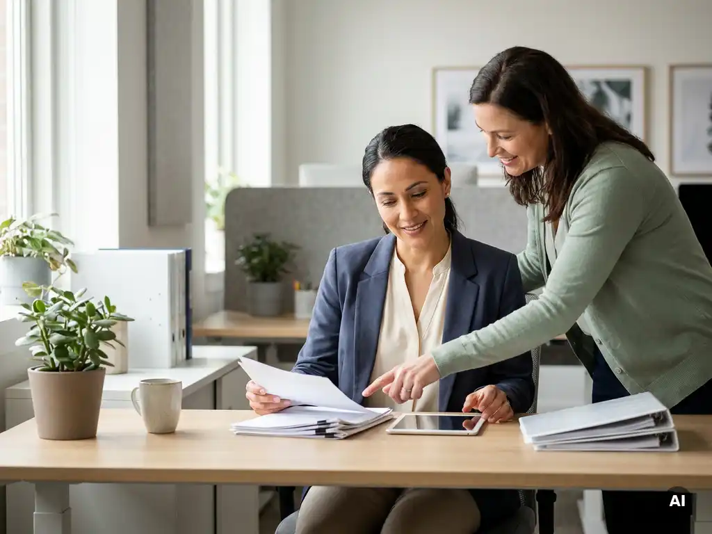 Two healthcare professionals collaborating over documents at a clinical desk, warm natural light, modern office environment.