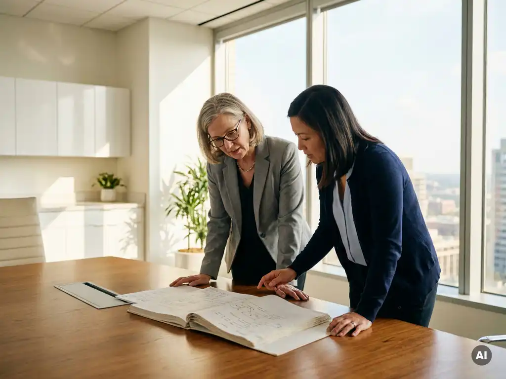 Two medical professionals reviewing a clinical manuscript together at a modern conference table in a sunlit healthcare office.