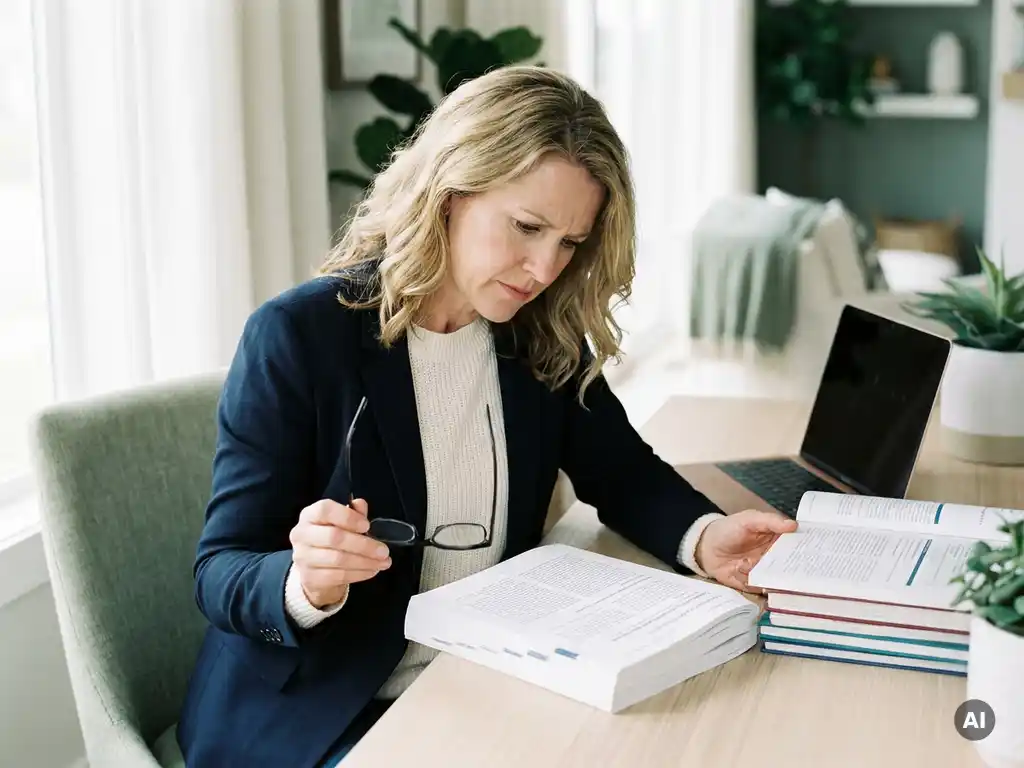 Medical writer reviewing a printed clinical manuscript at a modern desk, reading glasses in hand, with stacked journals and a laptop nearby.