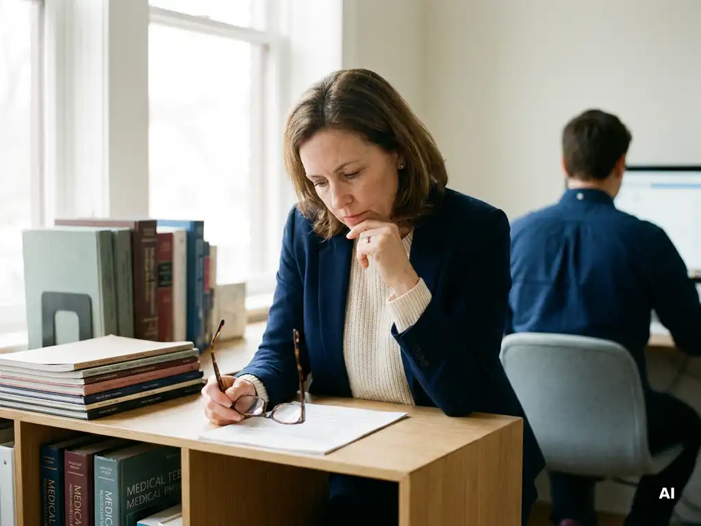 Female medical writer reviewing a scientific manuscript at a modern desk, reading glasses in hand, with a colleague softly blurred in the background.