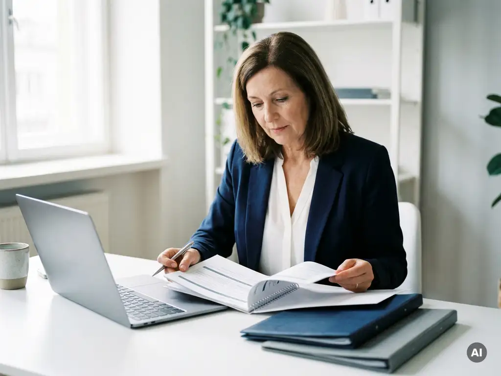 Mid-senior professional woman reviewing a structured document at a modern desk with specialist portfolios and open laptop in natural window light.