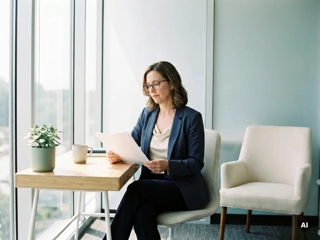 Mid-senior professional woman reviewing documents at a clinical office desk, warm natural light, empty chair nearby suggesting an open decision.