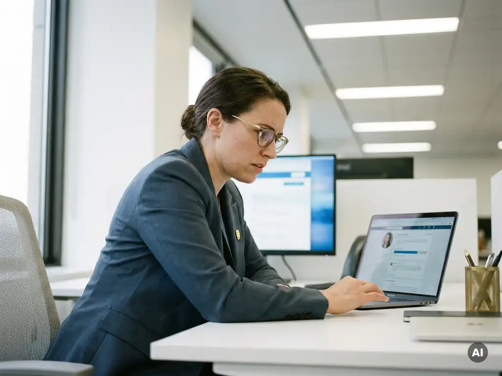 HR professional in tailored blazer reviewing candidate profile on laptop at a modern office desk.