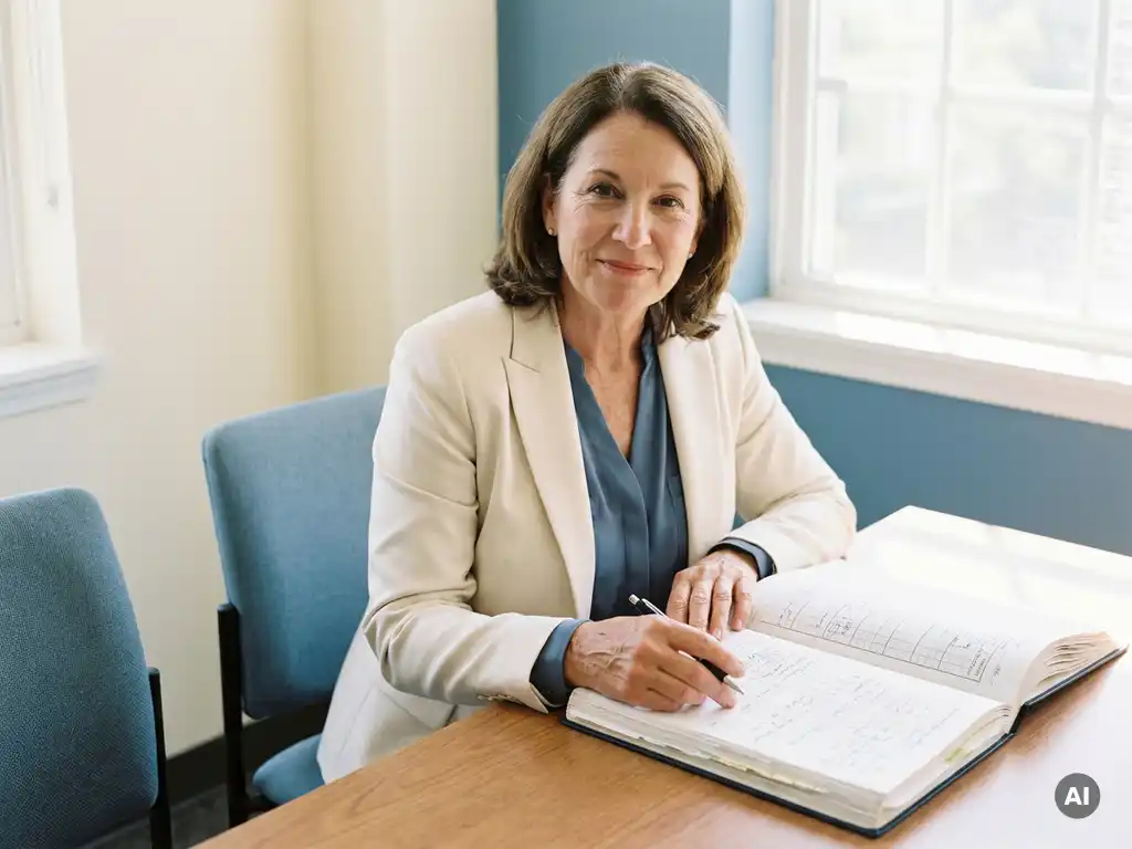 Mid-senior woman in professional attire reviewing a clinical manuscript at a bright desk, soft natural light, calm authoritative atmosphere.